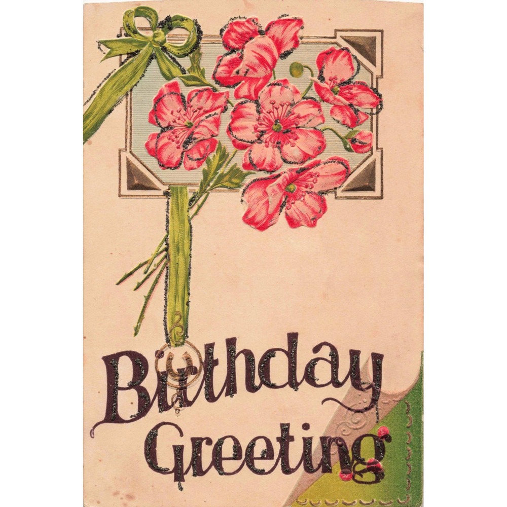 Vintage Embossed Birthday Greeting Postcard Pink Flowers Horseshoe Glitter VG - Picture 1 of 2